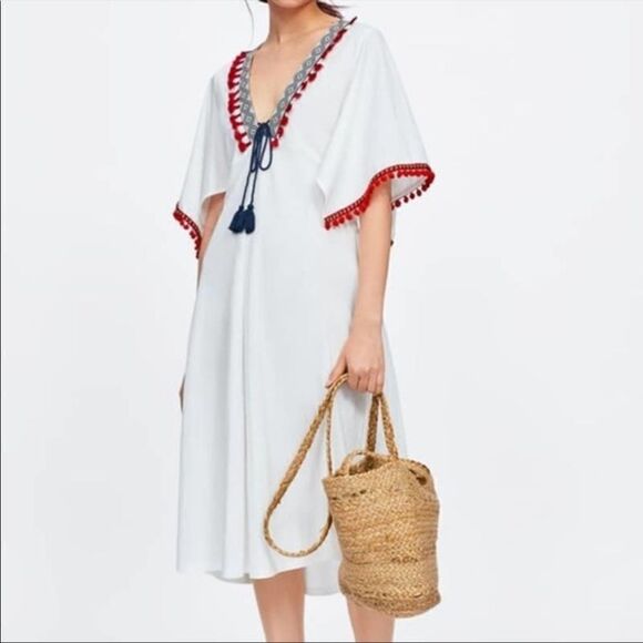 Zara Boho Pom Pom Tassel Midi Dress White S - Picture 14 of 15